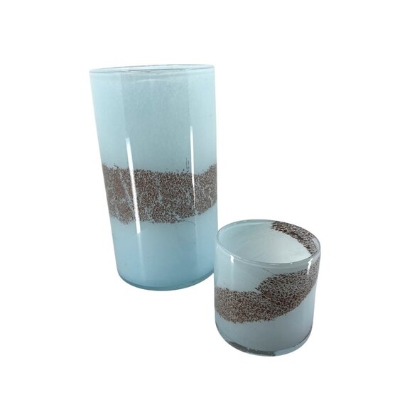 Handcrafted Blue & Copper Brown Art Glass Votive Candle Set: 10" and 4" Tall - Picture 2 of 16